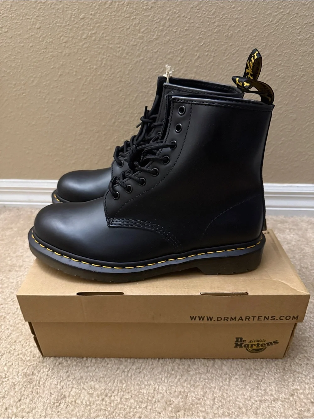 Dr. Martens Black Leather Lace-Up Boots with Yellow Stitching